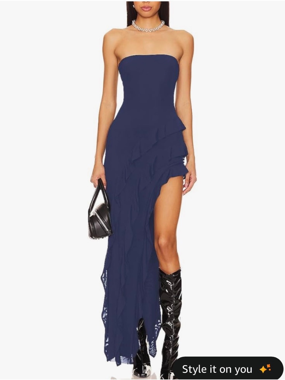 XS Strapless Navy Ruffle High-Slit Evening Dress